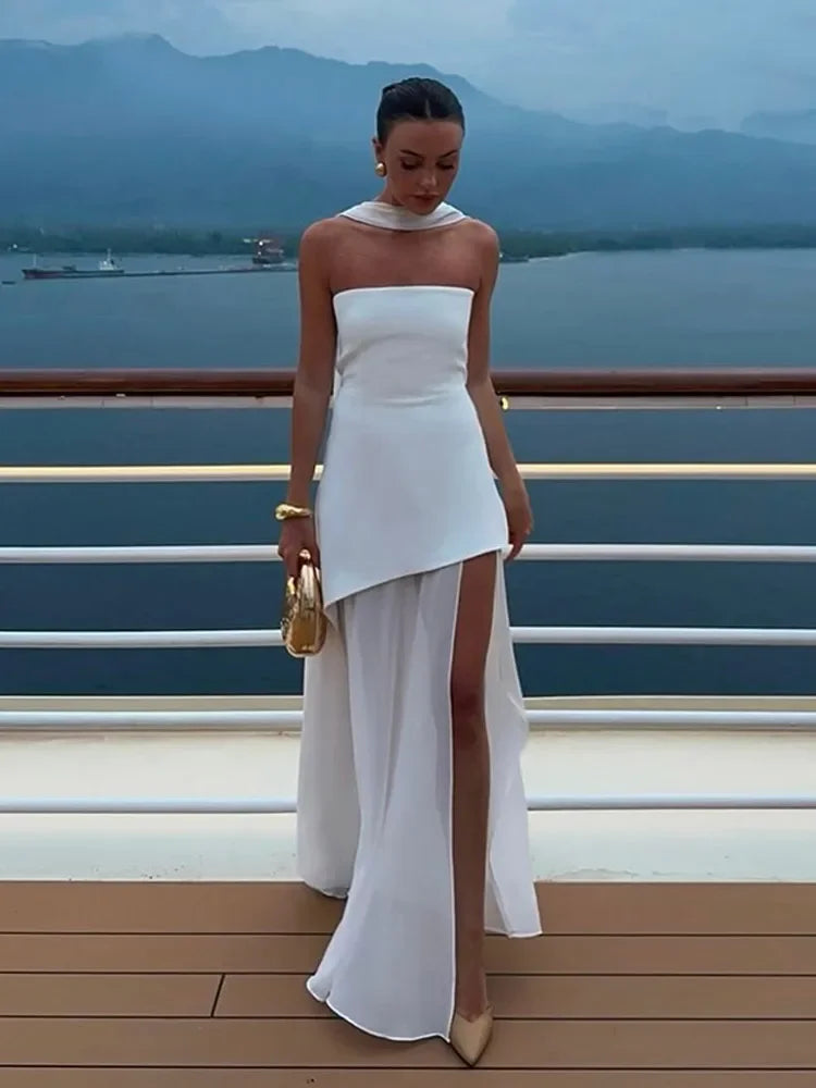 Women Butter Yellow Pleated Scarf Collar Long Dress Tie Back Spliced Backless Split Party Dresses 2025 Summer Asymmetric Robes