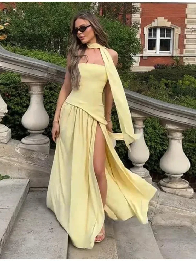Women Butter Yellow Pleated Scarf Collar Long Dress Tie Back Spliced Backless Split Party Dresses 2025 Summer Asymmetric Robes