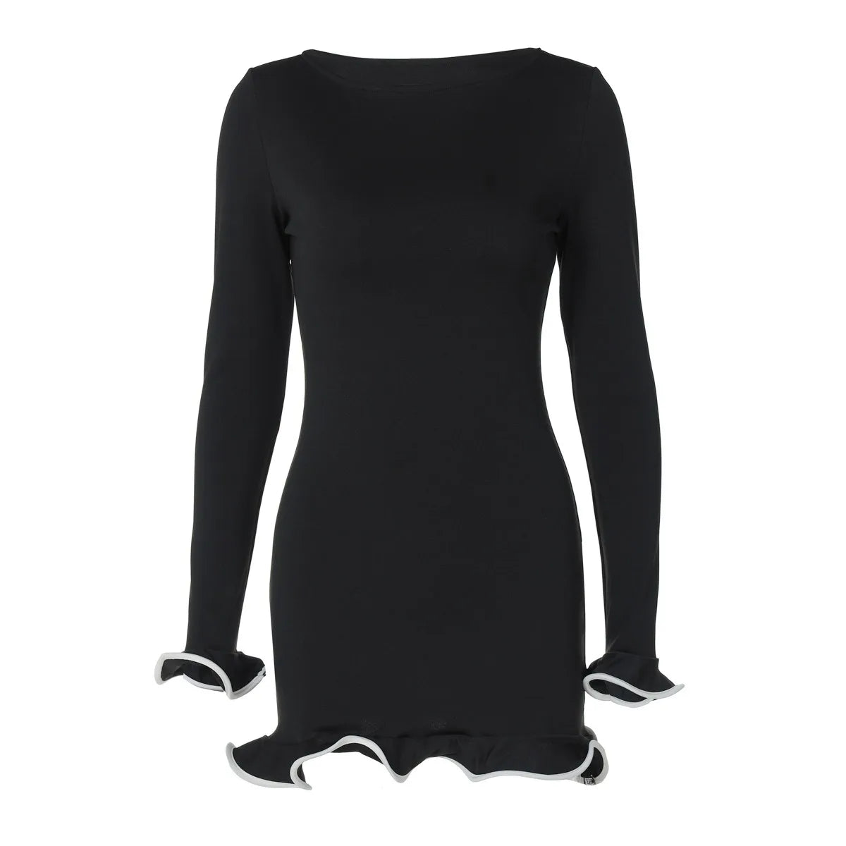New Women's Dresses Elegant Round Neck Pleat Long Sleeve Casual Slim Pink Sexy Black Short Dresses Lady Street Chic Party Dress