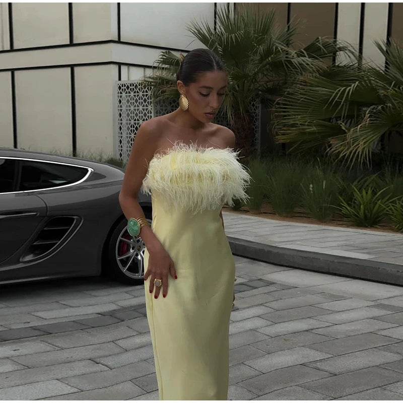 Elegant Satin Feather Strapless Dress Sexy Backless Off Shoulder Slim Fit Long Vestidos For Female 2025 Summer Party Street Gown