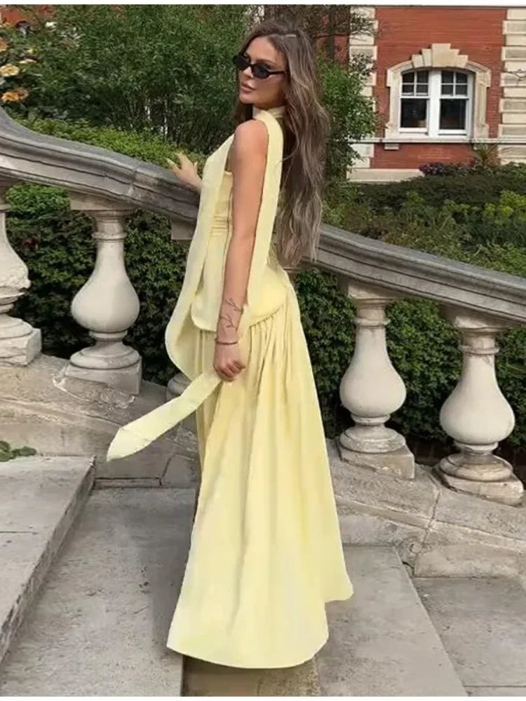 Women Butter Yellow Pleated Scarf Collar Long Dress Tie Back Spliced Backless Split Party Dresses 2025 Summer Asymmetric Robes