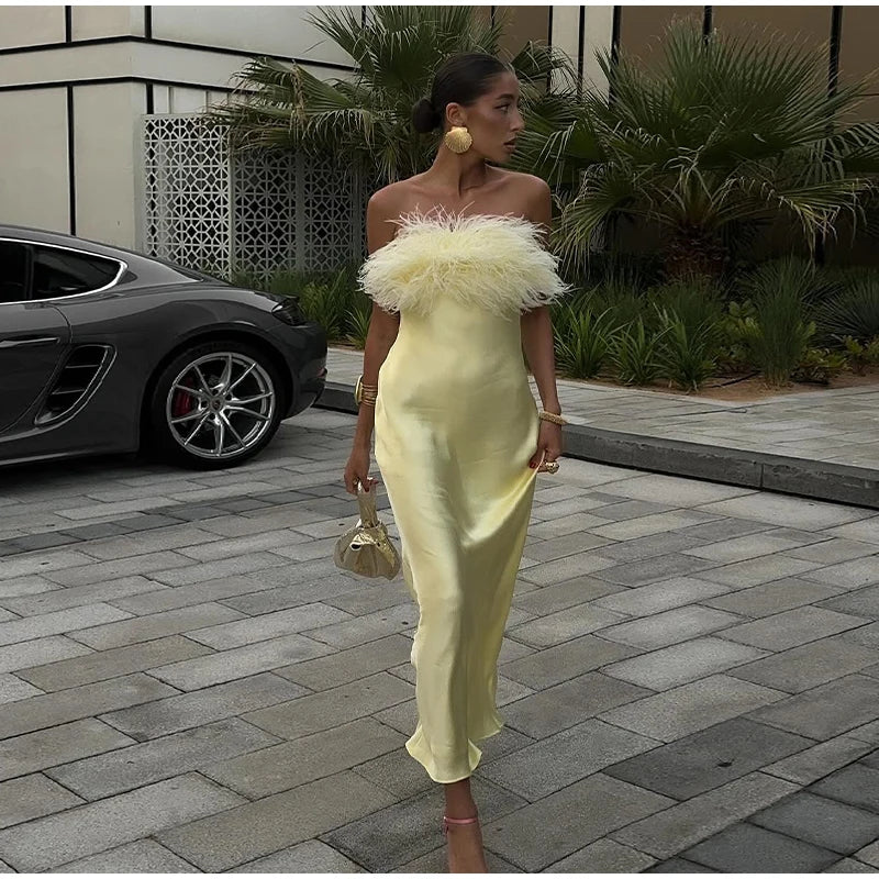 Elegant Satin Feather Strapless Dress Sexy Backless Off Shoulder Slim Fit Long Vestidos For Female 2025 Summer Party Street Gown