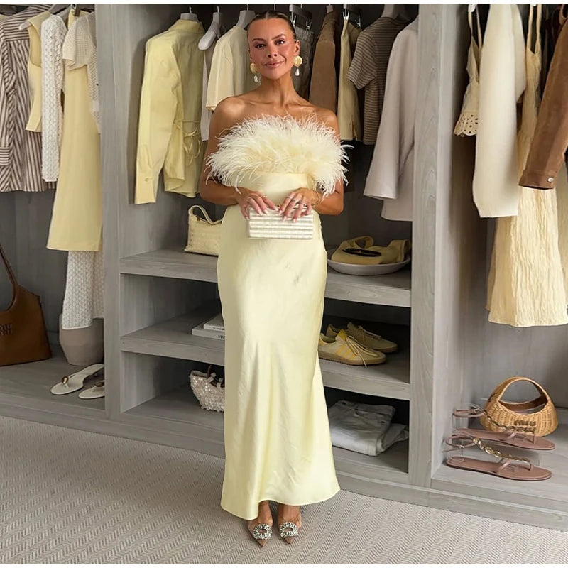 Elegant Satin Feather Strapless Dress Sexy Backless Off Shoulder Slim Fit Long Vestidos For Female 2025 Summer Party Street Gown