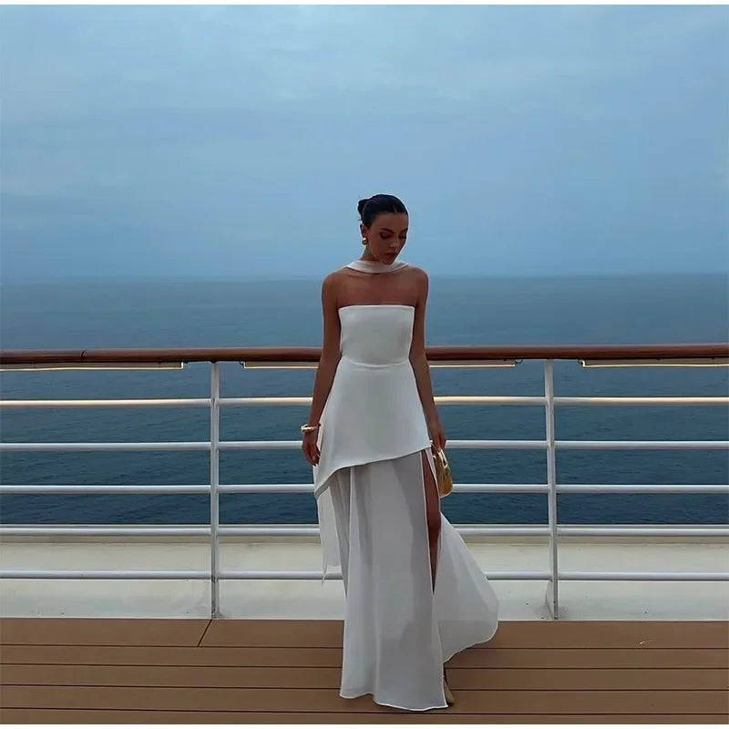 Women Butter Yellow Pleated Scarf Collar Long Dress Tie Back Spliced Backless Split Party Dresses 2025 Summer Asymmetric Robes