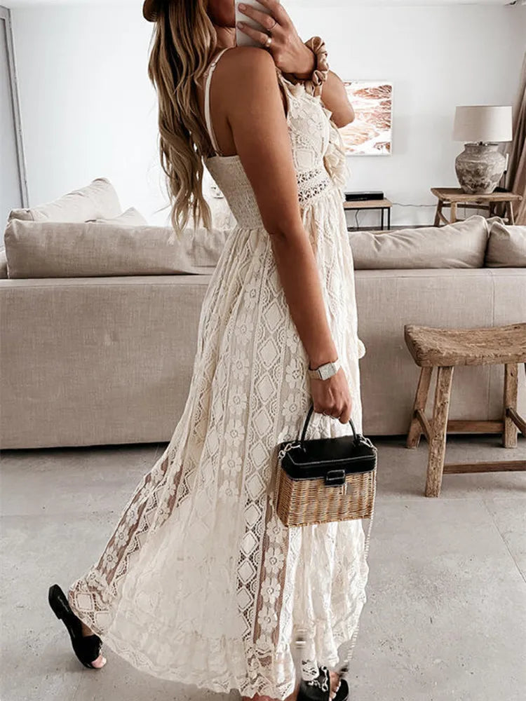 Lace Boho Style Long Dress Women Solid Color Deep V-neck Sleeveless Beachwear High Waist A-Line Summer Wild Sling Dress For Lady