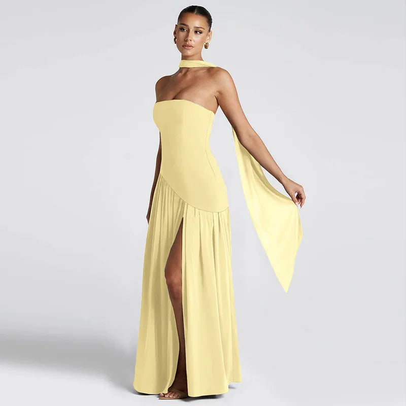 Elegant Satin Feather Strapless Dress Sexy Backless Off Shoulder Slim Fit Long Vestidos For Female 2025 Summer Party Street Gown