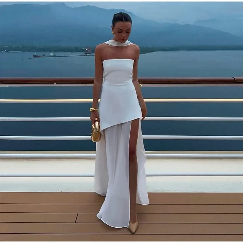 Women Butter Yellow Pleated Scarf Collar Long Dress Tie Back Spliced Backless Split Party Dresses 2025 Summer Asymmetric Robes