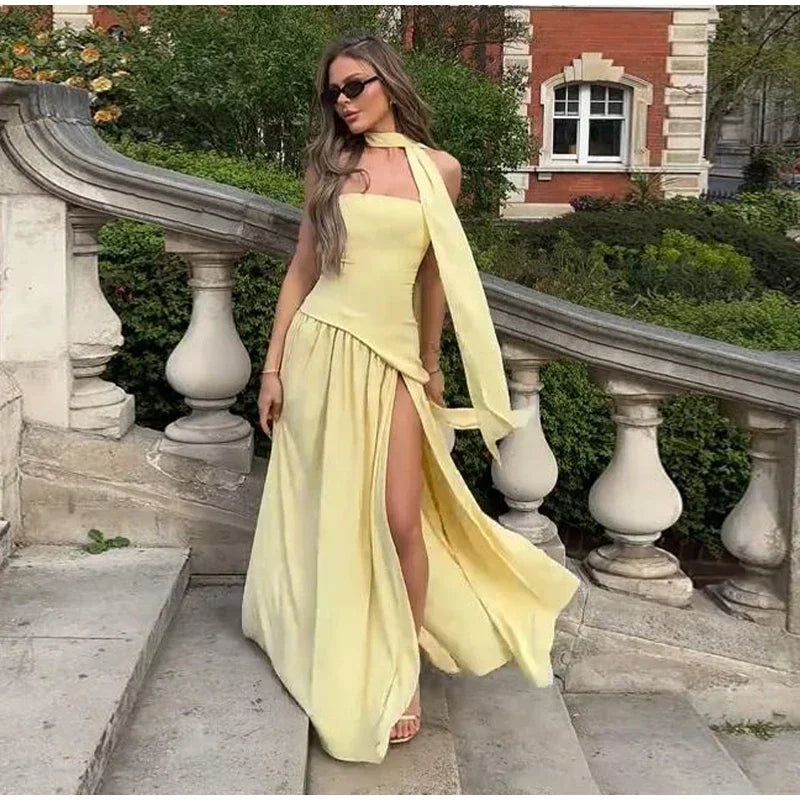 Women Butter Yellow Pleated Scarf Collar Long Dress Tie Back Spliced Backless Split Party Dresses 2025 Summer Asymmetric Robes