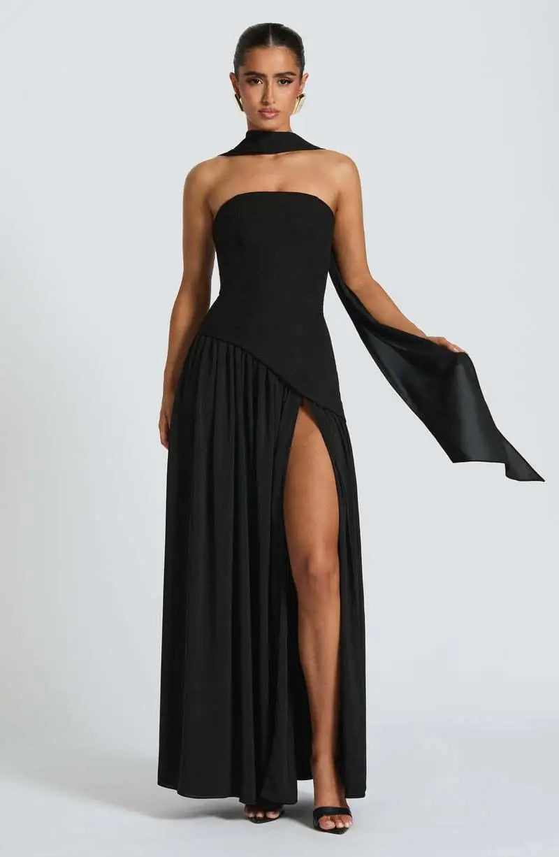 Women Butter Yellow Pleated Scarf Collar Long Dress Tie Back Spliced Backless Split Party Dresses 2025 Summer Asymmetric Robes