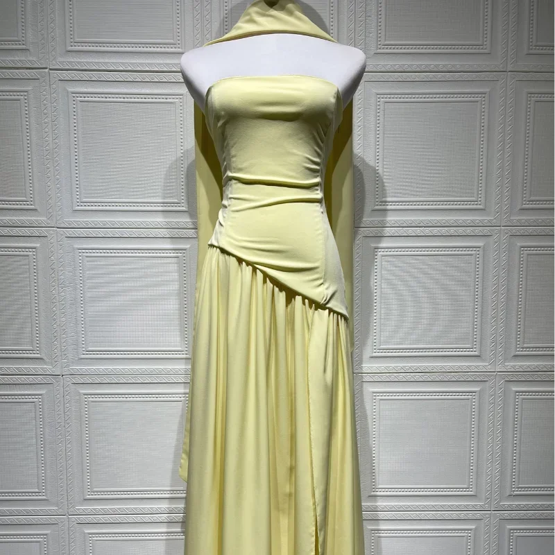 Women Butter Yellow Pleated Scarf Collar Long Dress Tie Back Spliced Backless Split Party Dresses 2025 Summer Asymmetric Robes