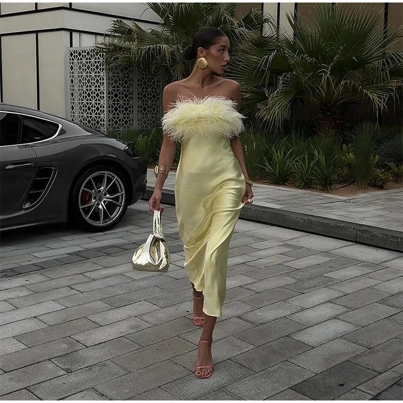 Elegant Satin Feather Strapless Dress Sexy Backless Off Shoulder Slim Fit Long Vestidos For Female 2025 Summer Party Street Gown