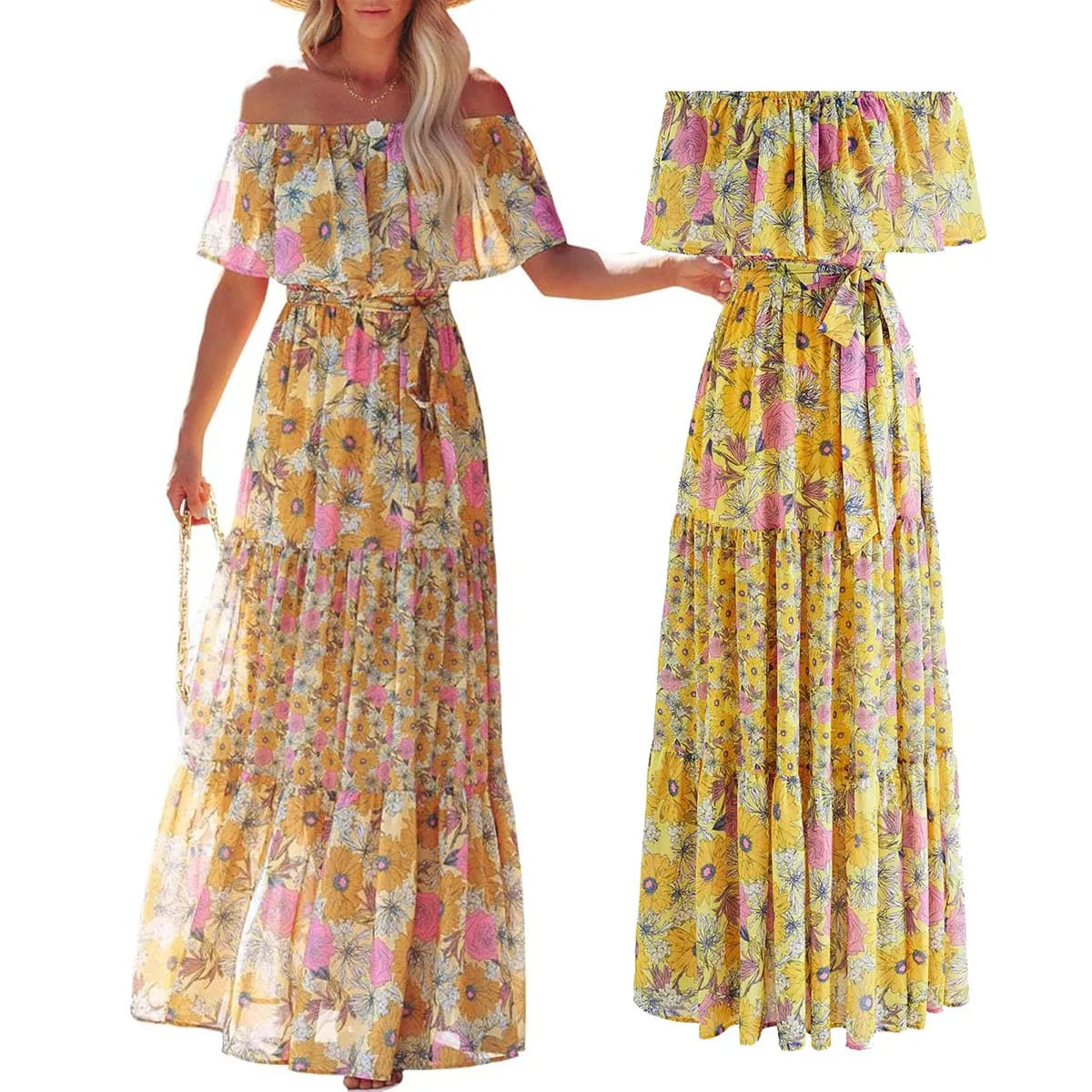 Mexican Traditional Ethnic Mexican Cinco De Mayo Summer Floral Print Off Shoulder Women Mexican Dress
