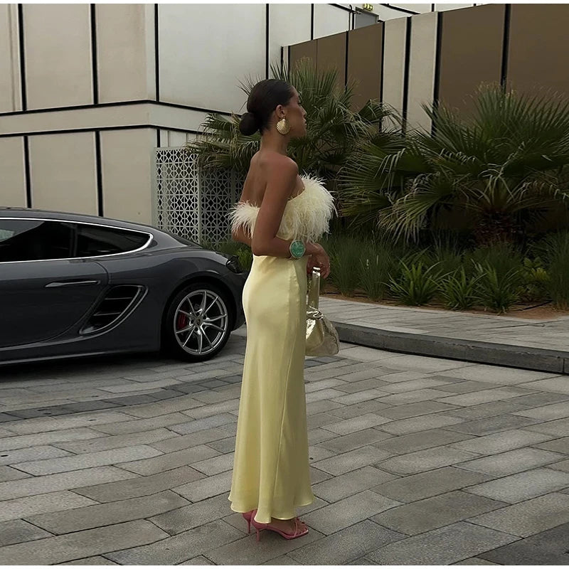 Elegant Satin Feather Strapless Dress Sexy Backless Off Shoulder Slim Fit Long Vestidos For Female 2025 Summer Party Street Gown