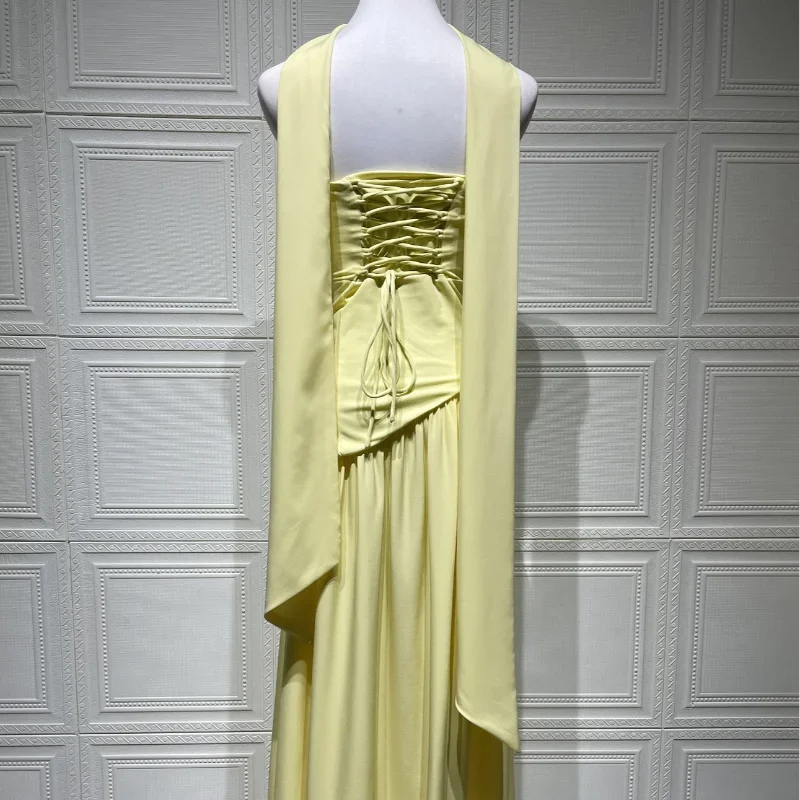Women Butter Yellow Pleated Scarf Collar Long Dress Tie Back Spliced Backless Split Party Dresses 2025 Summer Asymmetric Robes