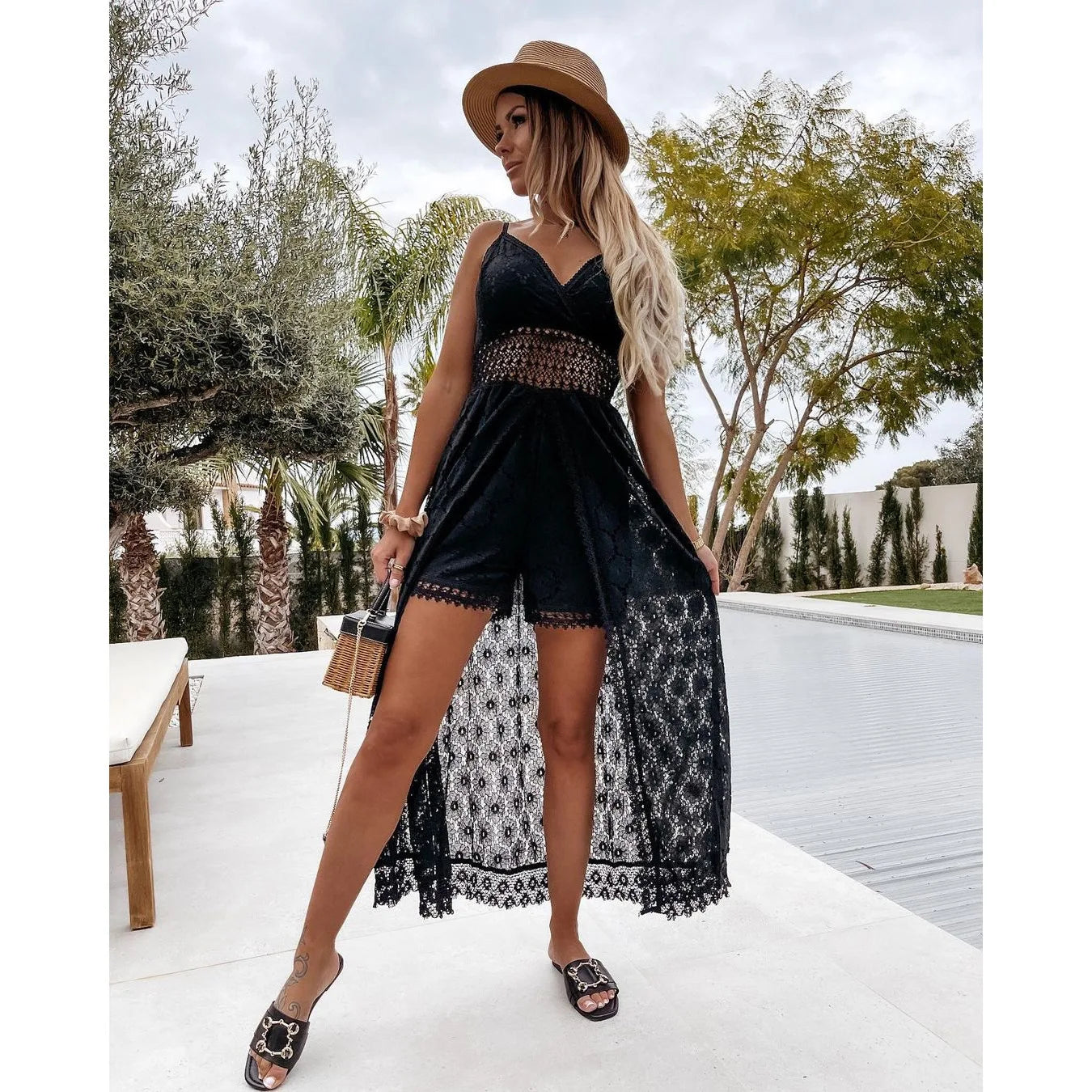 Holiday Hollow Jumpsuit Dress for Women Sling Bare Shoulder A-line Dresses Femme Sleeveless Long Dress Backless Camisole Romper