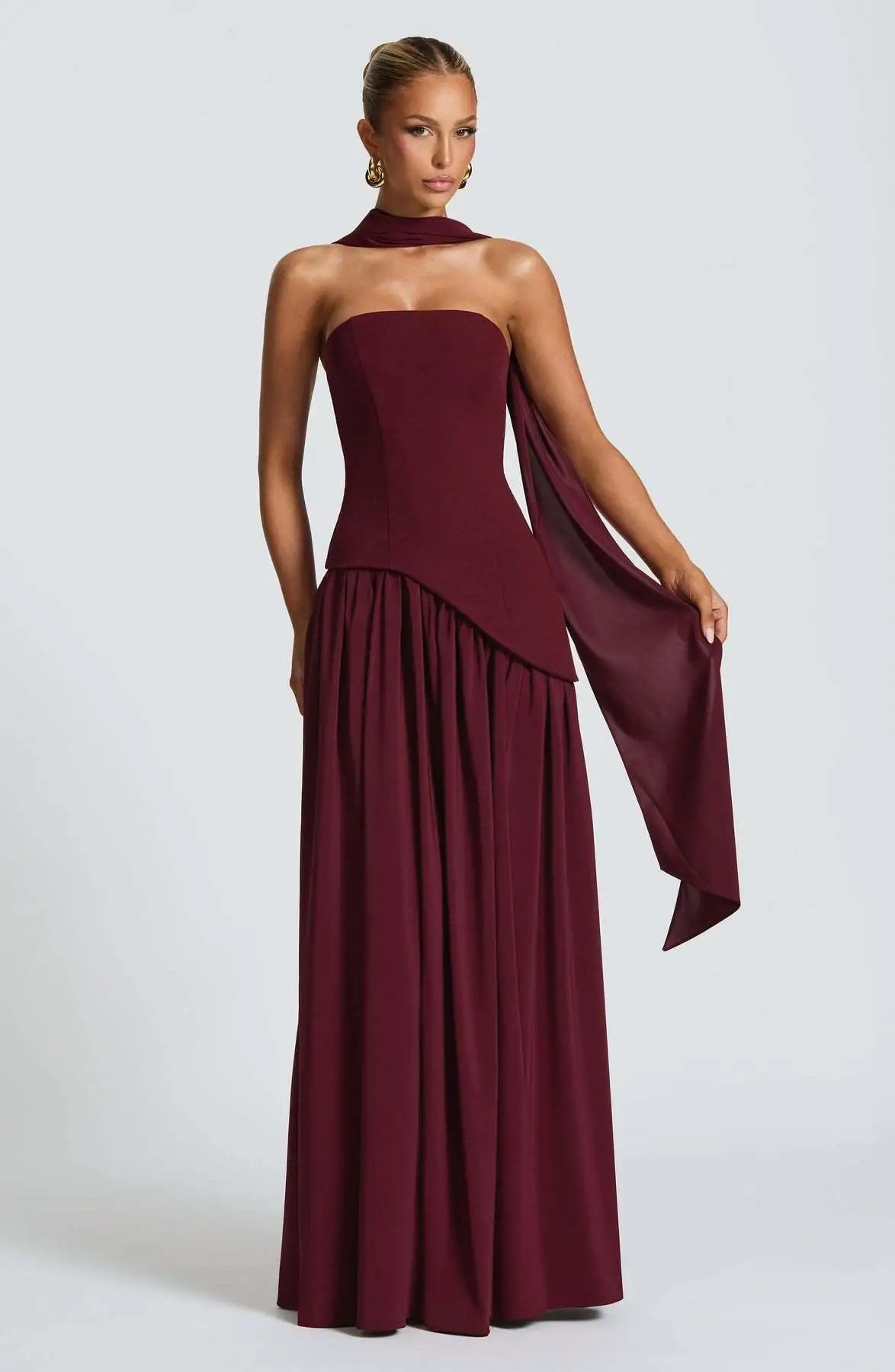 Women Butter Yellow Pleated Scarf Collar Long Dress Tie Back Spliced Backless Split Party Dresses 2025 Summer Asymmetric Robes