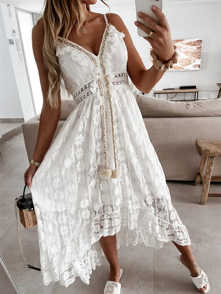 Lace Boho Style Long Dress Women Solid Color Deep V-neck Sleeveless Beachwear High Waist A-Line Summer Wild Sling Dress For Lady