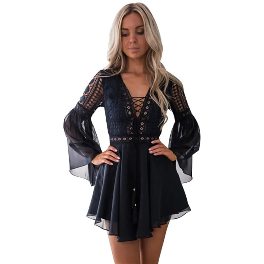 Hollow Out White Dress Sexy Women Mini Chiffon Semi-Sheer Checkered Dress Plunge V-Neck Long Sleeve Crochet Lace Dress Black