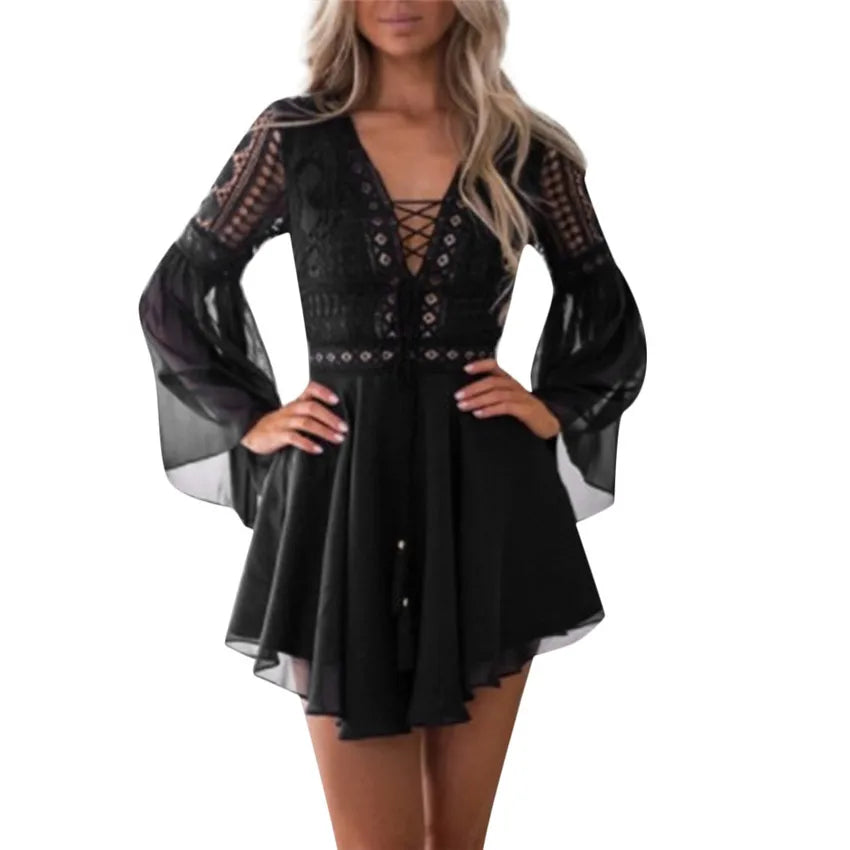 Hollow Out White Dress Sexy Women Mini Chiffon Semi-Sheer Checkered Dress Plunge V-Neck Long Sleeve Crochet Lace Dress Black