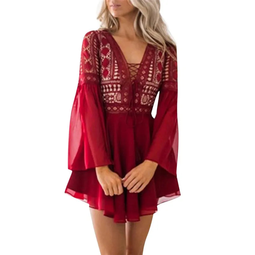 Hollow Out White Dress Sexy Women Mini Chiffon Semi-Sheer Checkered Dress Plunge V-Neck Long Sleeve Crochet Lace Dress Black