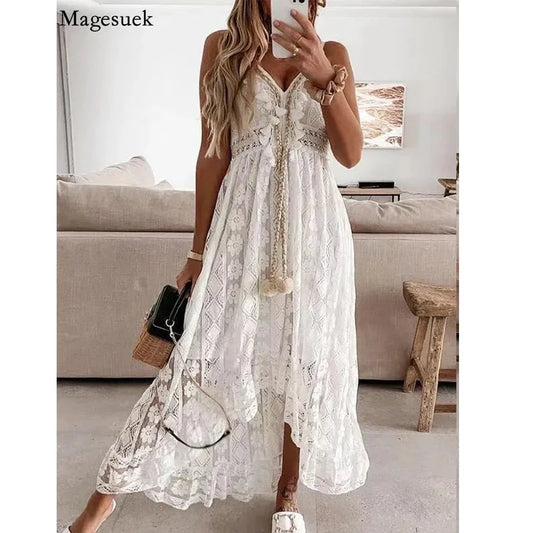 Summer New Lace Sling Big Swing Solid Color Long Skirt Dress Spring V-neck Sleeveless Beach Dresses Casual Chain Link Dress