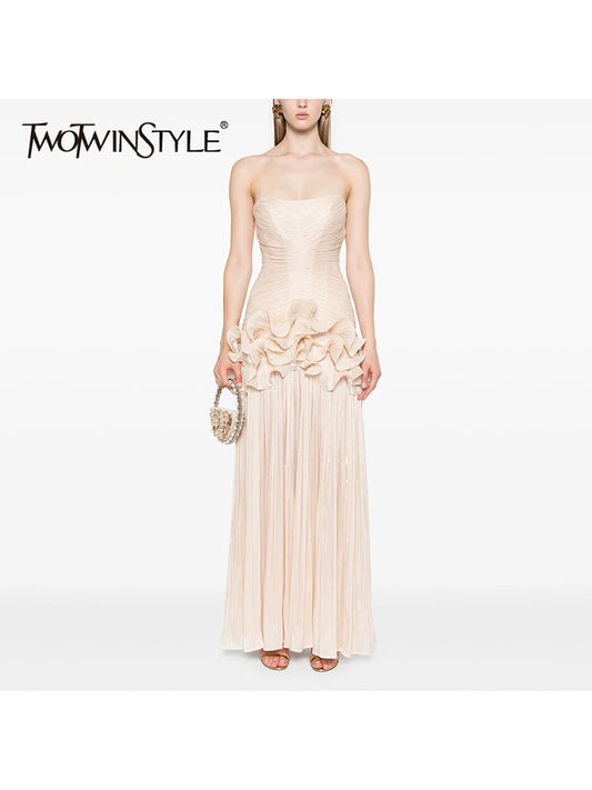 TWOTWINSTYLE Solid Spliced Folds Slimming Dresses For Women Slash Neck Sleeveless High Waist Temperament Dress Female Fashion