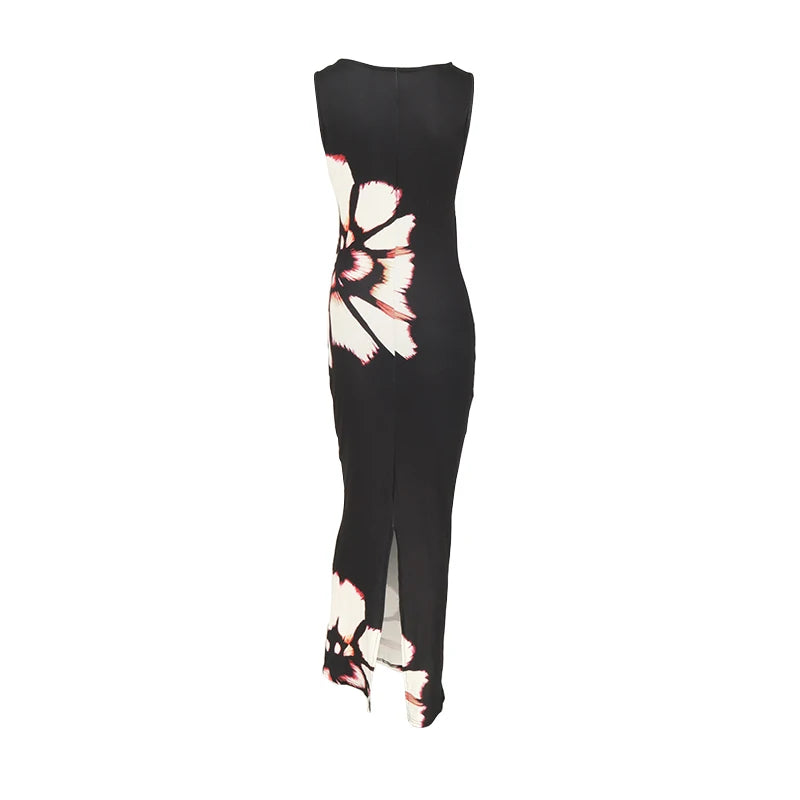 Summer Sexy Maxi Dress For Women Streetwear Fashion Print Hollow Out Sleeveless New Slim Dress Casual Club Elegant Party Dresses