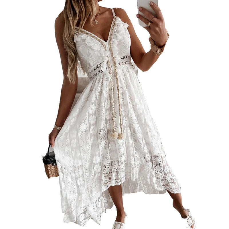 Summer New Lace Sling Big Swing Solid Color Long Skirt Dress Spring V-neck Sleeveless Beach Dresses Casual Chain Link Dress