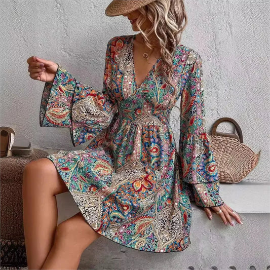 Bohemian Style Print Dresses For Women Fashion Bell Sleeves V-neck Elegant Ladies A-line Dress 2025 Spring Casual Beach Vestidos