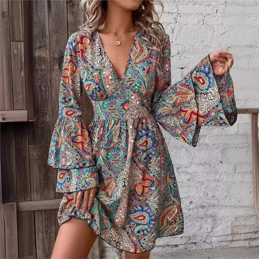 Bohemian Style Print Dresses For Women Fashion Bell Sleeves V-neck Elegant Ladies A-line Dress 2025 Spring Casual Beach Vestidos