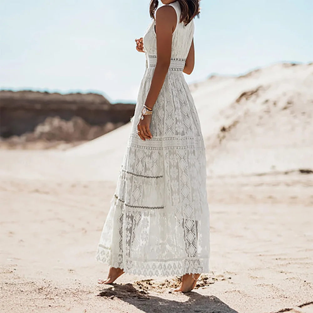 Women's Boho Lace V-Neck Fringe Sleeveless Tank Vest Maxi Long Dress Summer Ladies Casual Holiday Beach Vacation Sundress S-XL