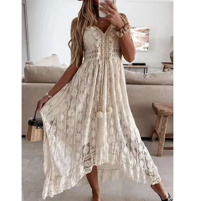 Summer New Lace Sling Big Swing Solid Color Long Skirt Dress Spring V-neck Sleeveless Beach Dresses Casual Chain Link Dress