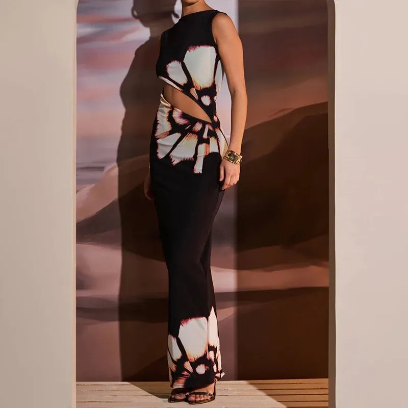 Summer Sexy Maxi Dress For Women Streetwear Fashion Print Hollow Out Sleeveless New Slim Dress Casual Club Elegant Party Dresses