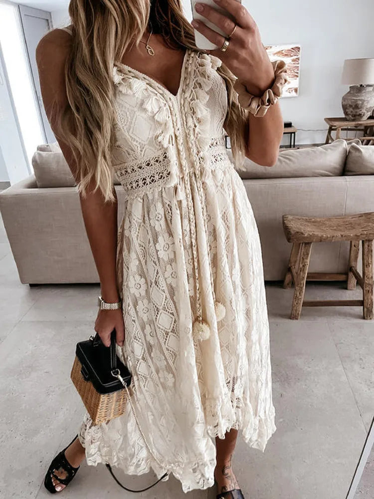Lace Boho Style Long Dress Women Solid Color Deep V-neck Sleeveless Beachwear High Waist A-Line Summer Wild Sling Dress For Lady