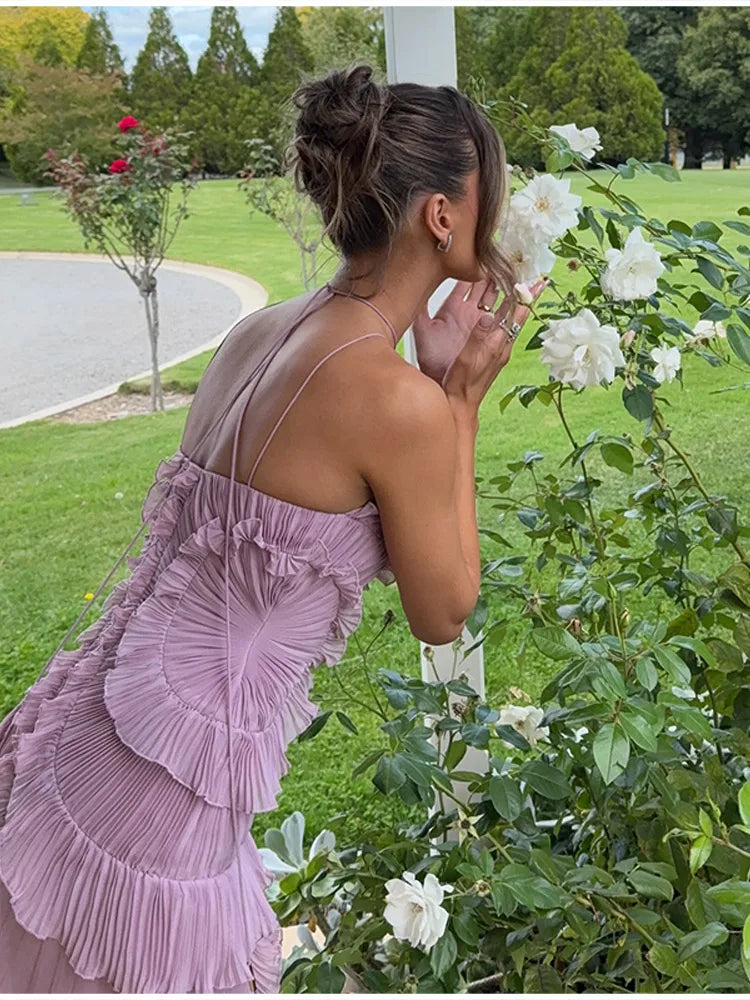 Chic pleated halter neck long vacation dress high quality purple strapless Lotus Edge Maxi Dress 2025 New Lady Vacation Gowns