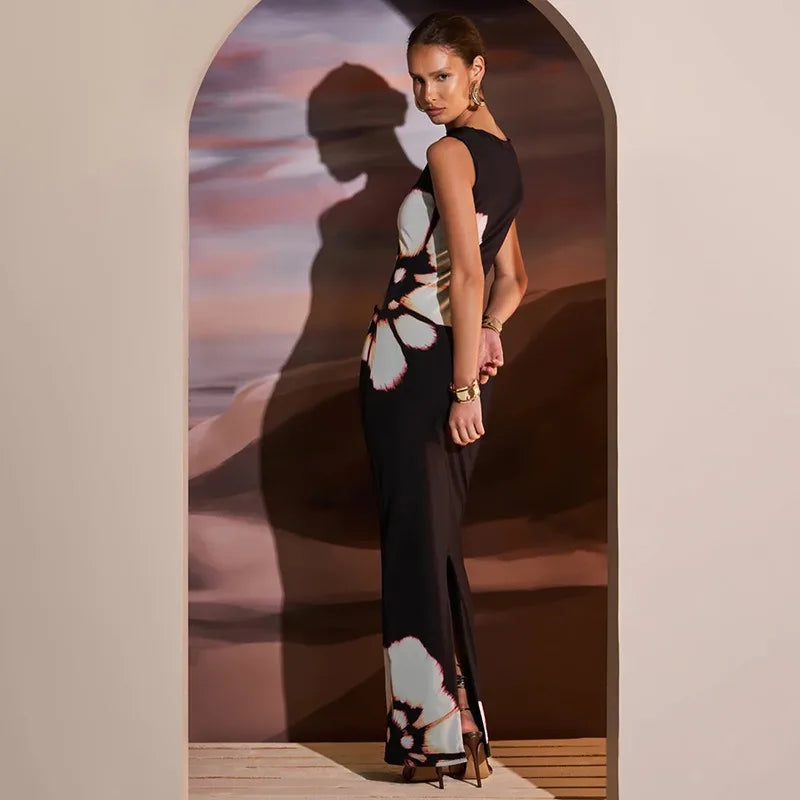 Summer Sexy Maxi Dress For Women Streetwear Fashion Print Hollow Out Sleeveless New Slim Dress Casual Club Elegant Party Dresses