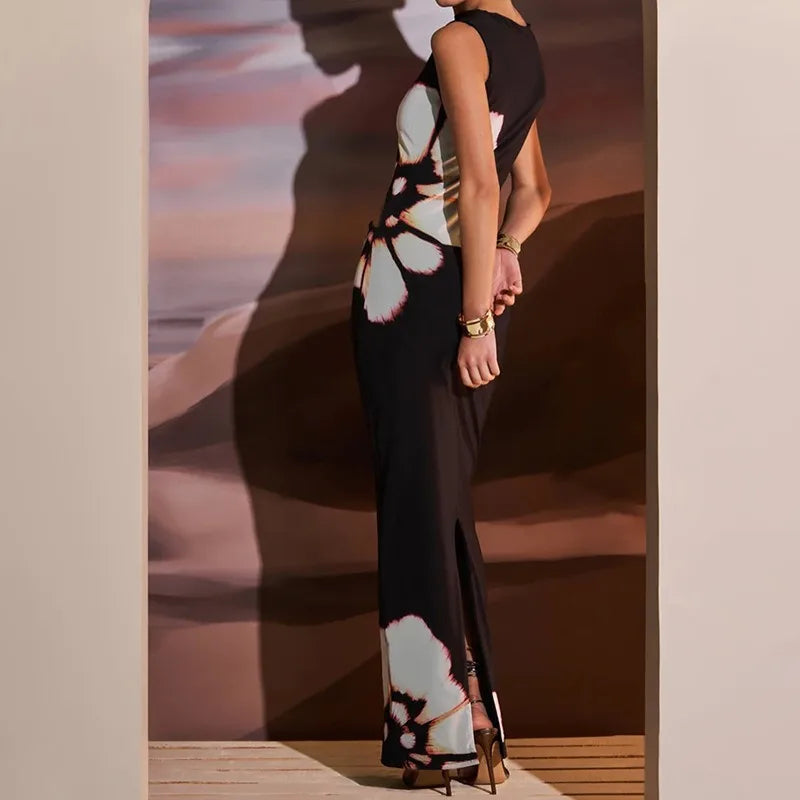 Summer Sexy Maxi Dress For Women Streetwear Fashion Print Hollow Out Sleeveless New Slim Dress Casual Club Elegant Party Dresses
