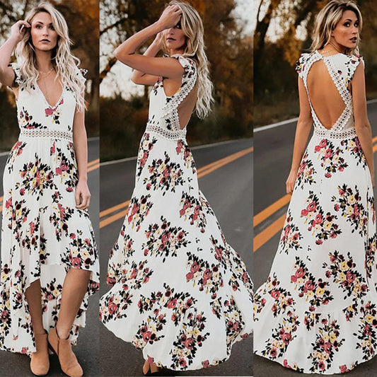 Mode Vrouwen Mouwloze Bloemenprint Onregelmatige Zoom Backless Lange Tank Jurk Backless Onregelmatige Grote Zoom Bloemenprint Ju
