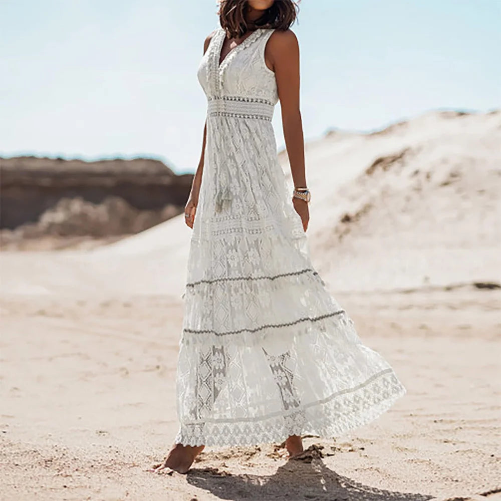 Women's Boho Lace V-Neck Fringe Sleeveless Tank Vest Maxi Long Dress Summer Ladies Casual Holiday Beach Vacation Sundress S-XL