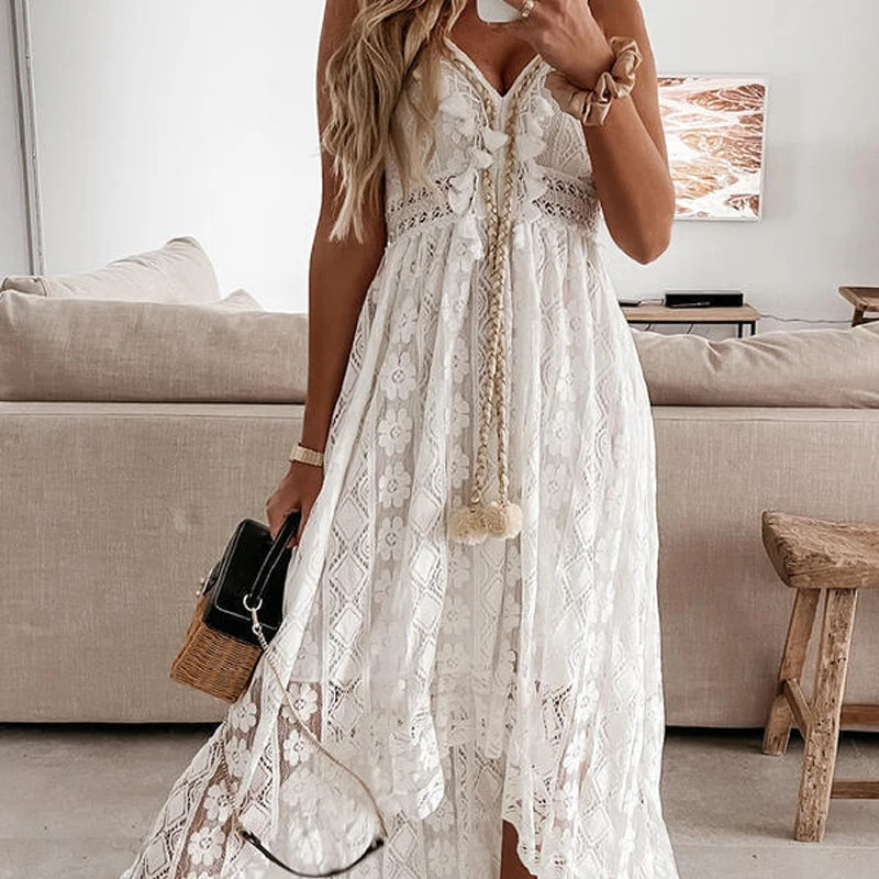 Summer New Lace Sling Big Swing Solid Color Long Skirt Dress Spring V-neck Sleeveless Beach Dresses Casual Chain Link Dress