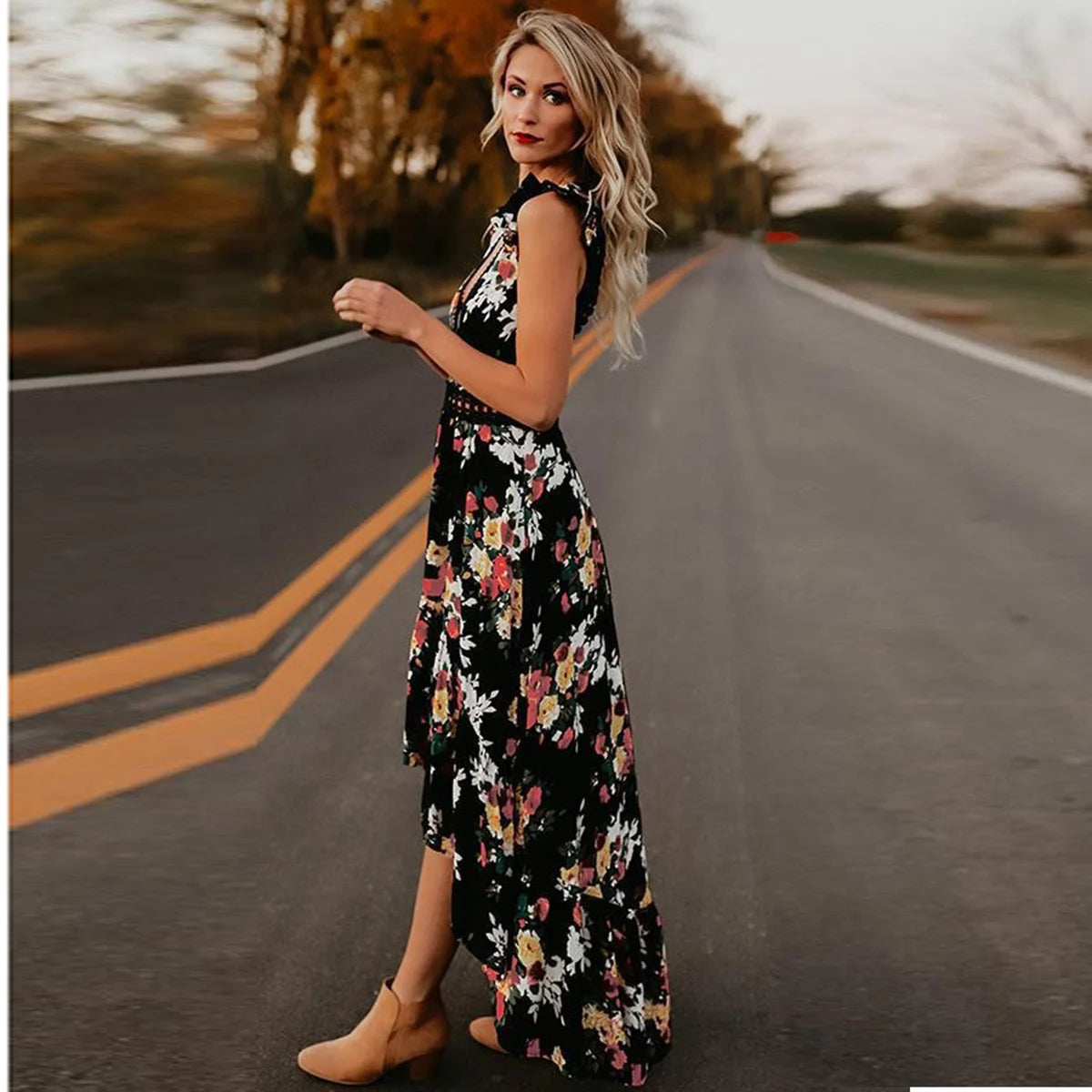 Mode Vrouwen Mouwloze Bloemenprint Onregelmatige Zoom Backless Lange Tank Jurk Backless Onregelmatige Grote Zoom Bloemenprint Ju