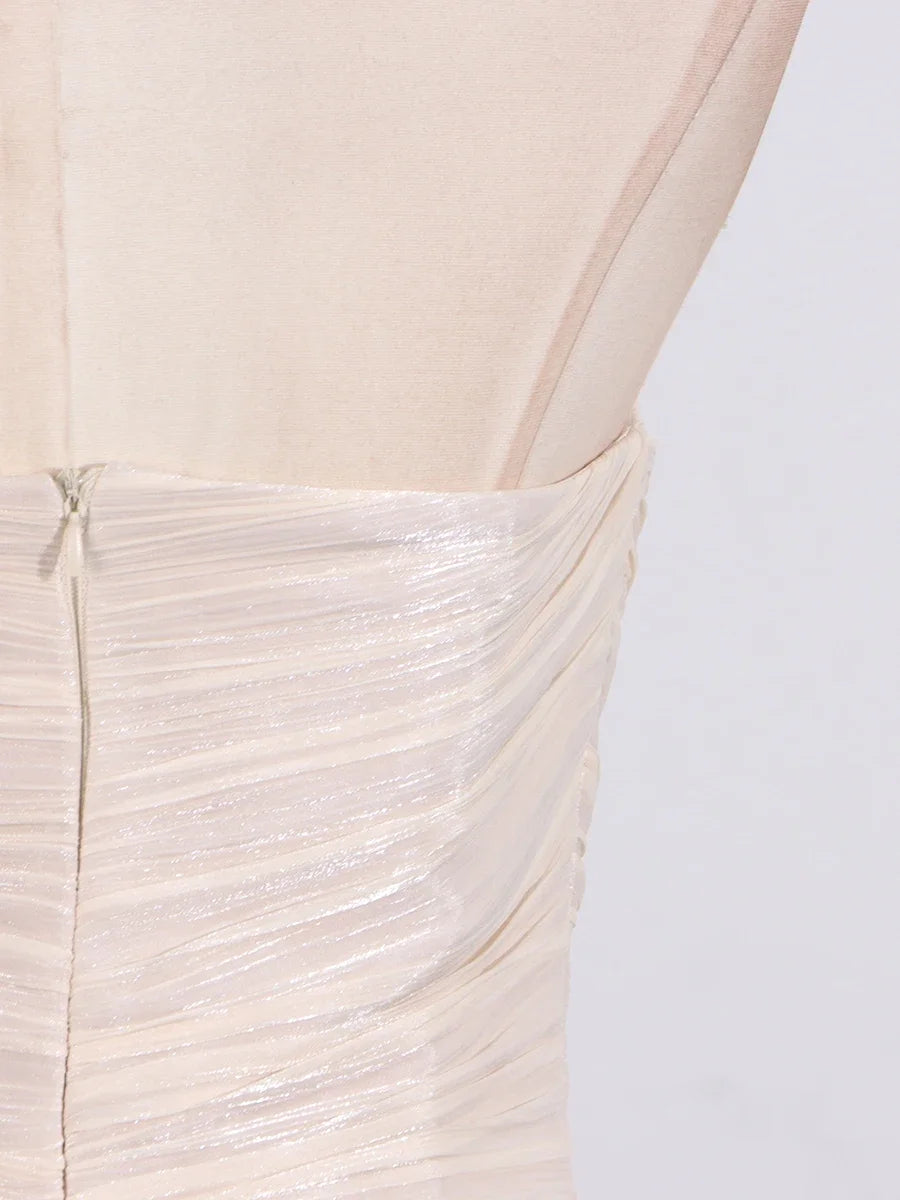 TWOTWINSTYLE Solid Spliced Folds Slimming Dresses For Women Slash Neck Sleeveless High Waist Temperament Dress Female Fashion