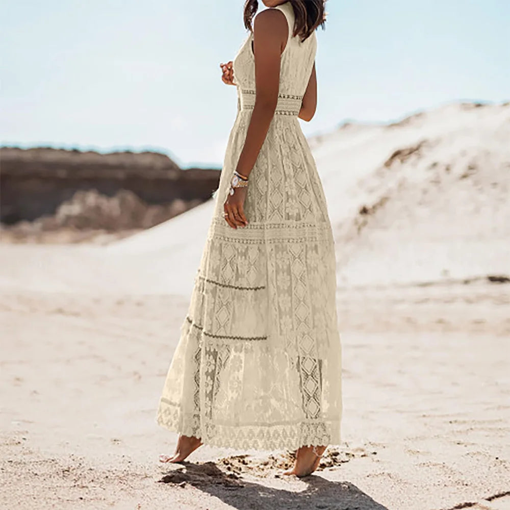 Women's Boho Lace V-Neck Fringe Sleeveless Tank Vest Maxi Long Dress Summer Ladies Casual Holiday Beach Vacation Sundress S-XL