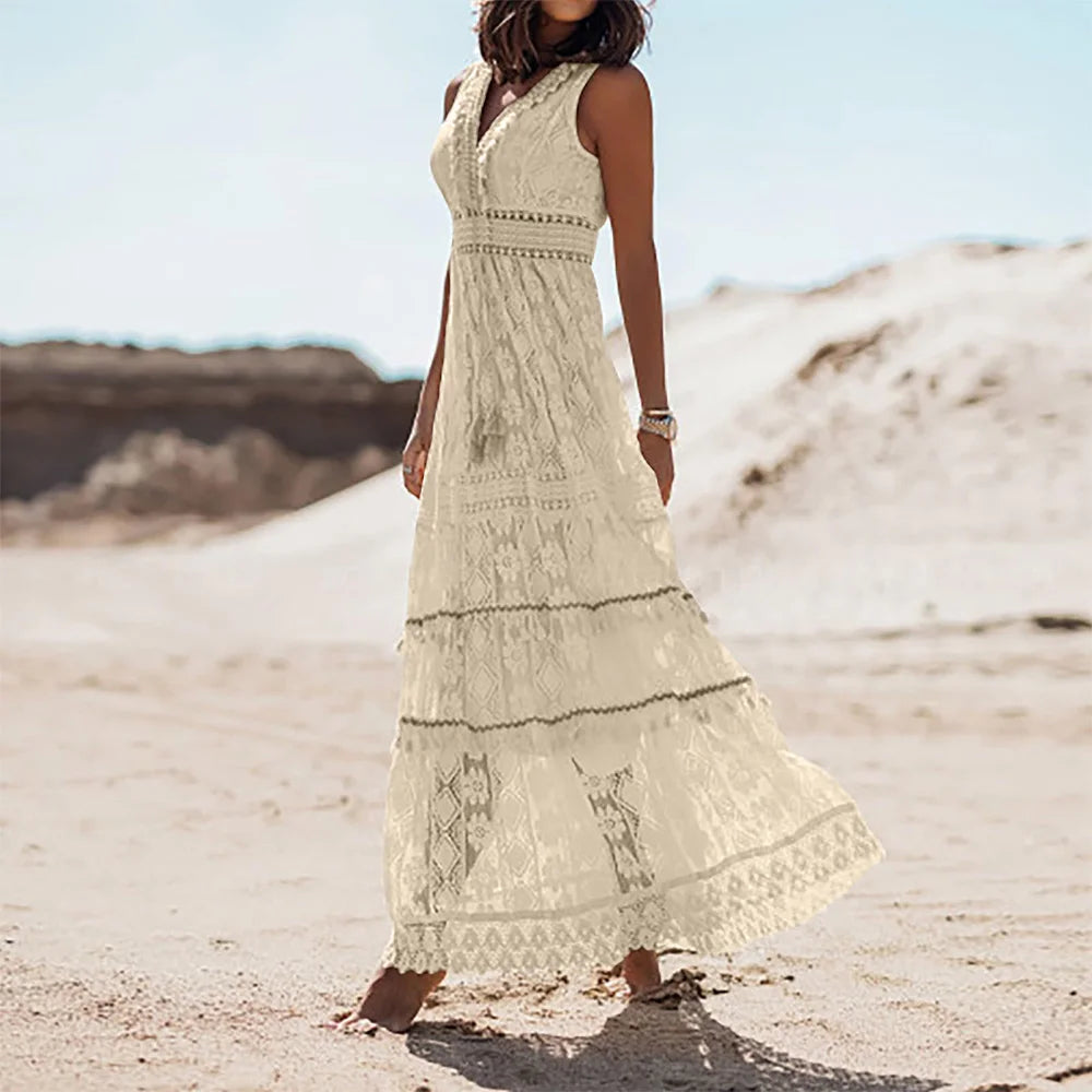 Women's Boho Lace V-Neck Fringe Sleeveless Tank Vest Maxi Long Dress Summer Ladies Casual Holiday Beach Vacation Sundress S-XL