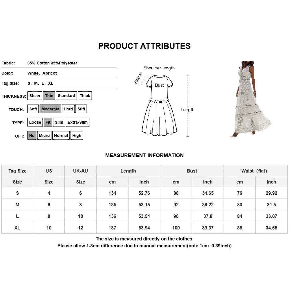 Women's Boho Lace V-Neck Fringe Sleeveless Tank Vest Maxi Long Dress Summer Ladies Casual Holiday Beach Vacation Sundress S-XL