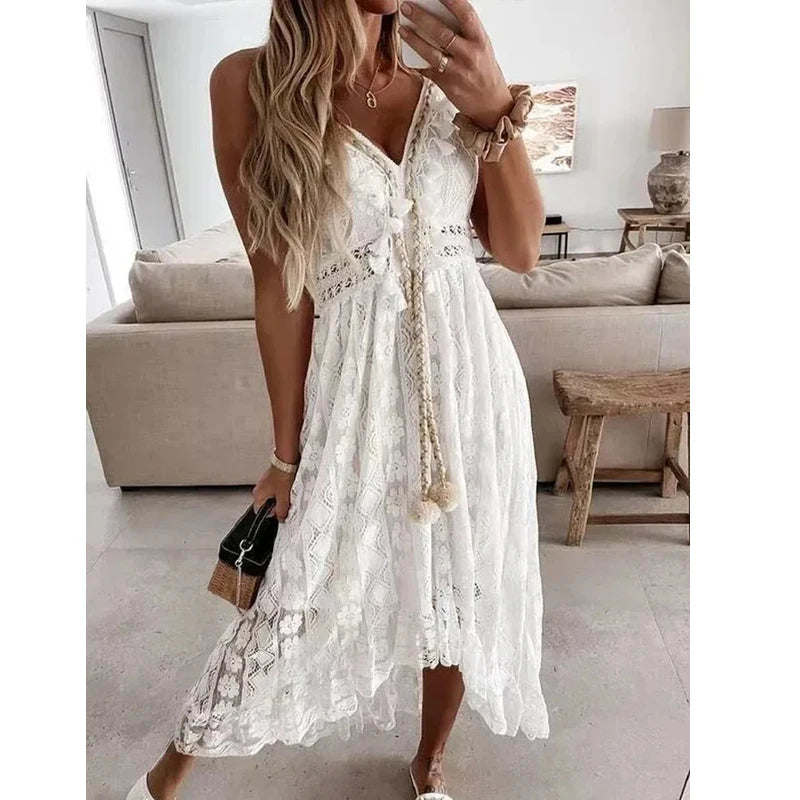 Summer New Lace Sling Big Swing Solid Color Long Skirt Dress Spring V-neck Sleeveless Beach Dresses Casual Chain Link Dress